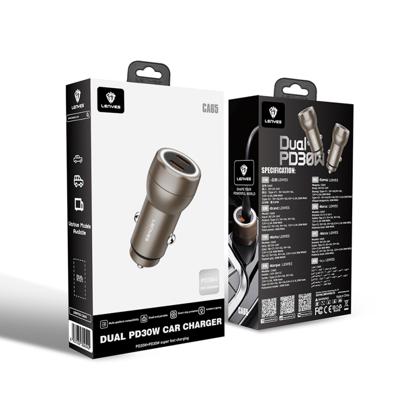 Lenyes CA65 Fast Charging Dual Type-C + Type-C Port PD Car Charger 60W - 4