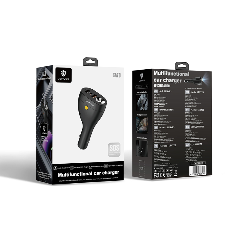 Lenyes CA70 Multifunctional Car Charger with Type-C + Dual USB-A Ports and Fast Charging Capability 20W - 9