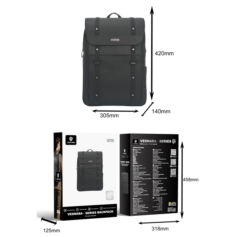 Lenyes LB735 Vesnara Series Waterproof 15-inch Laptop and Notebook Backpack with Fingerprint Lock - 8