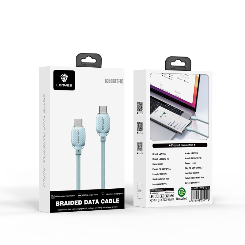 Lenyes LC536 Type-C to Type-C PD Örgü Tasarımlı Hızlı Şarj Özellikli Data ve Şarj Kablosu 60W 1M - 10