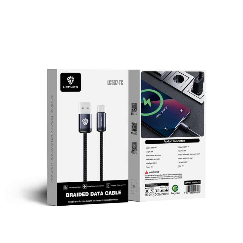 Lenyes LC537 USB-A to Type-C Örgü Tasarımlı Hızlı Şarj Özellikli Data ve Şarj Kablosu 10W 1M - 8