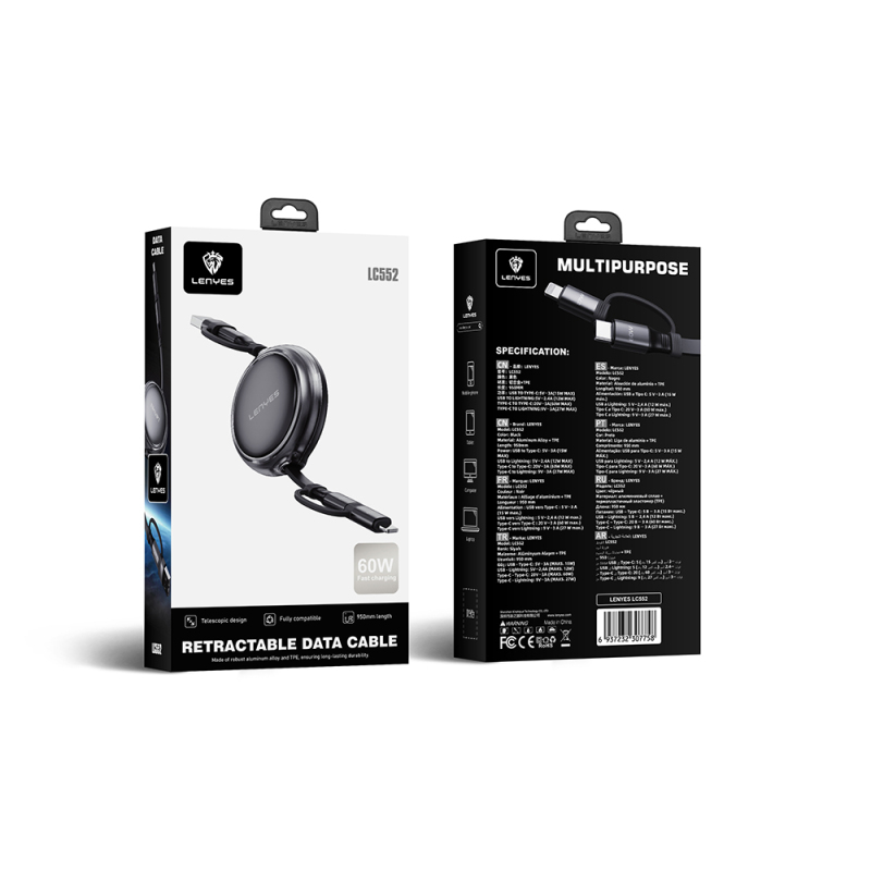 Lenyes LC552 4in1 USB-A - Type-C + Type-C to Lightning Makaralı Data ve Şarj Kablosu 60W 95cm - 7