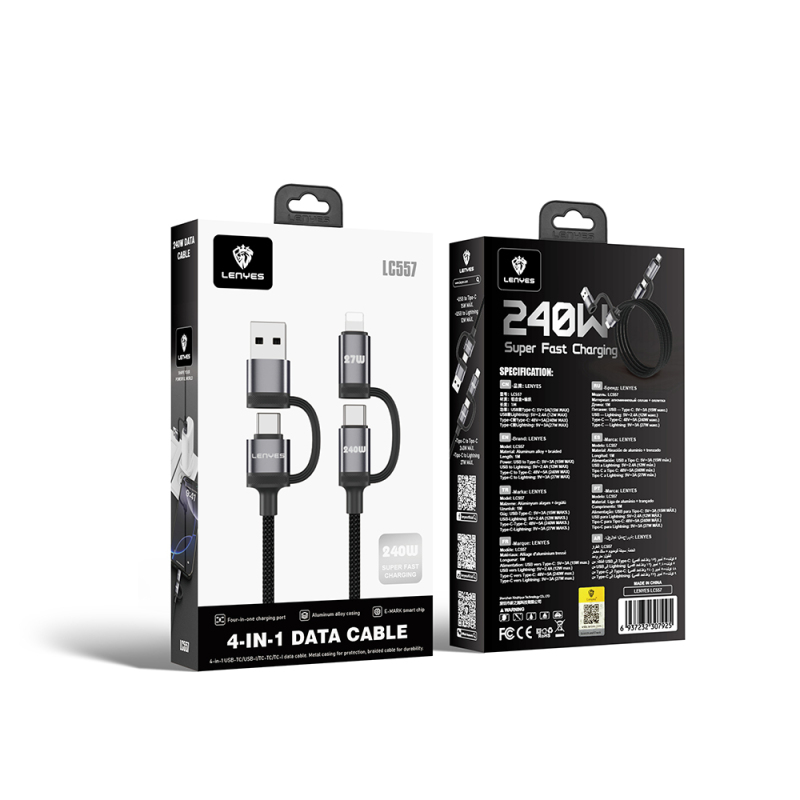 Lenyes LC557 4in1 USB-A - Type-C + Type-C to Lightning E-Mark Smart Çipli Data ve Şarj Kablosu 240W 1M - 6