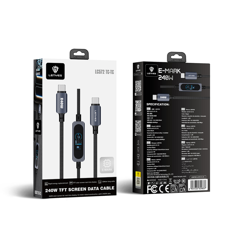 Lenyes LC572 TFT Ekranlı Type-C to Type-C Data ve Şarj Kablosu 240W 1.2M - 6