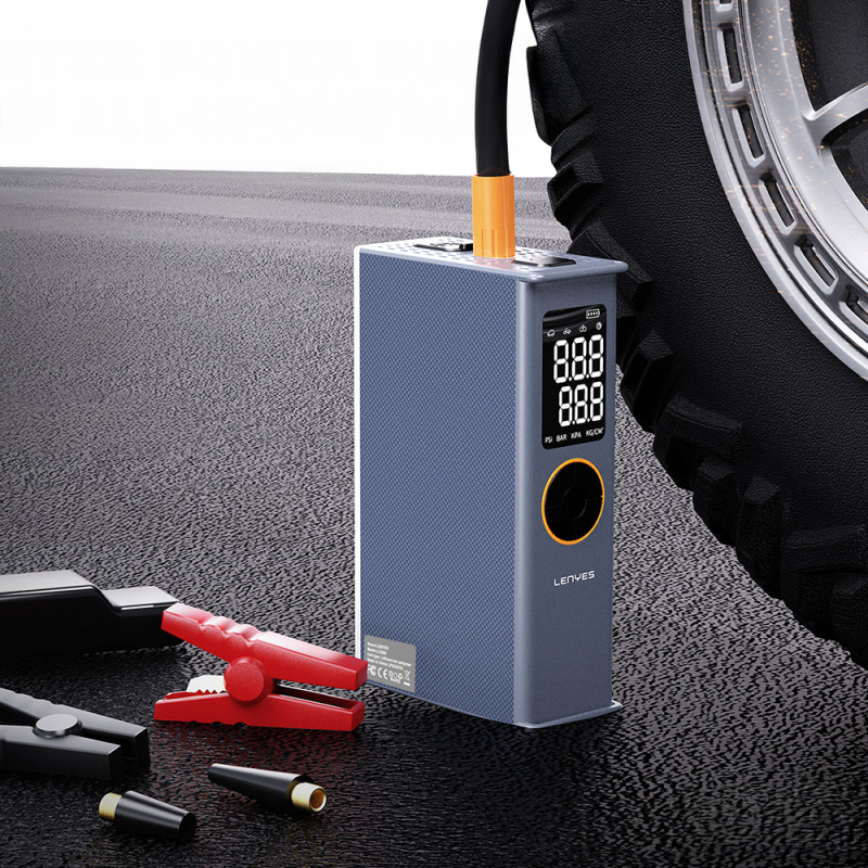 Lenyes LCI205 LED Illuminated Vehicle Battery Emergency Jump Starter and Air Compressor 12V 100W 7200mAh - 7