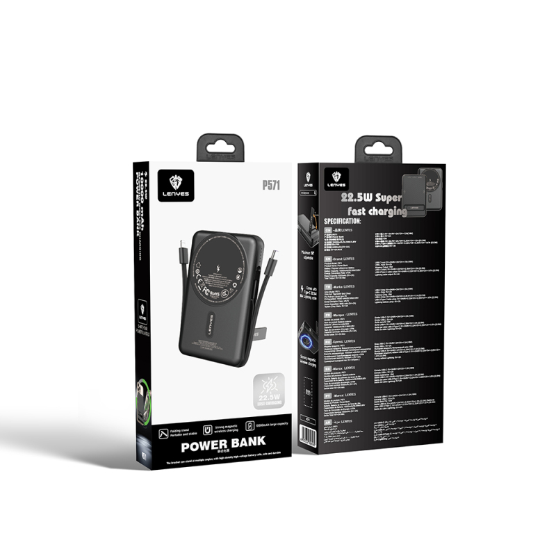 Lenyes P571 PD 22.5W Standlı M-safe Şarj Özellikli Type-C ve Lightning Kablolu Powerbank 15W 10000mAh - 6