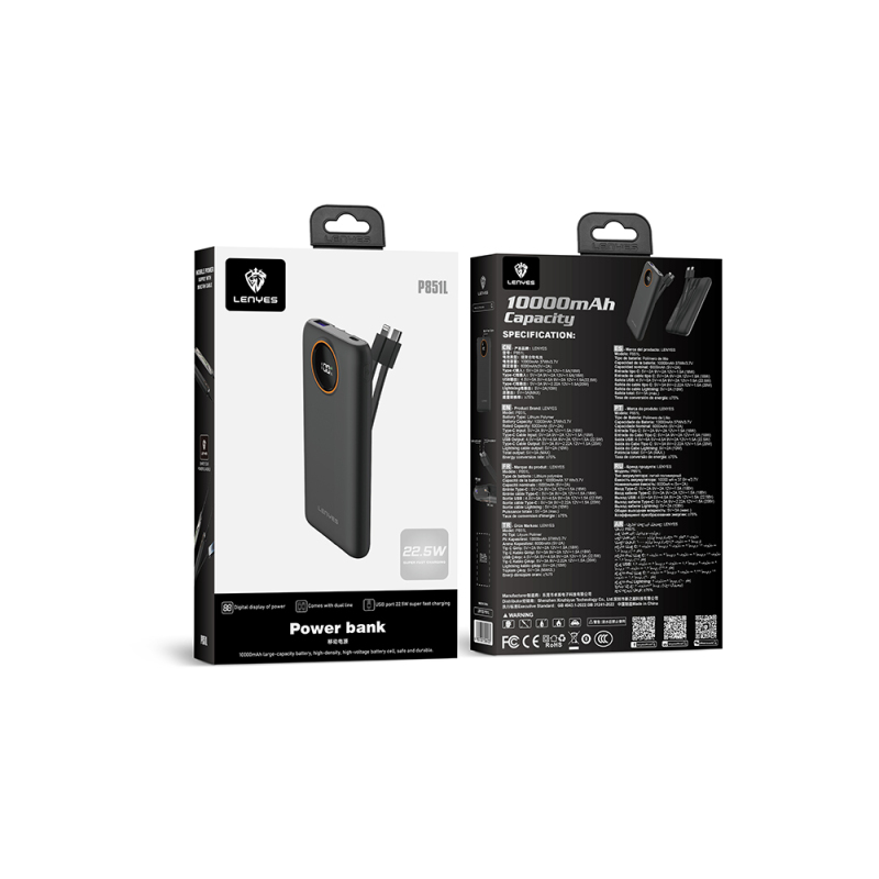 Lenyes P851L 10000mAh 22.5W Power Bank with Digital LED Display and Built-in Type-C & Lightning Cables - 7