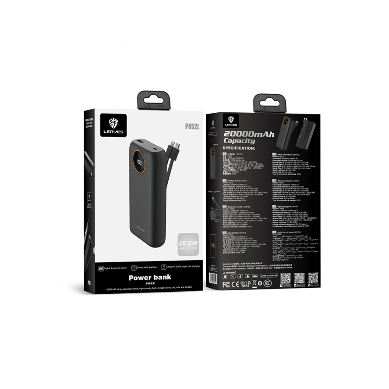Lenyes P852L 20000mAh 22.5W Power Bank with Digital LED Display and Built-in Type-C & Lightning Cables - 7