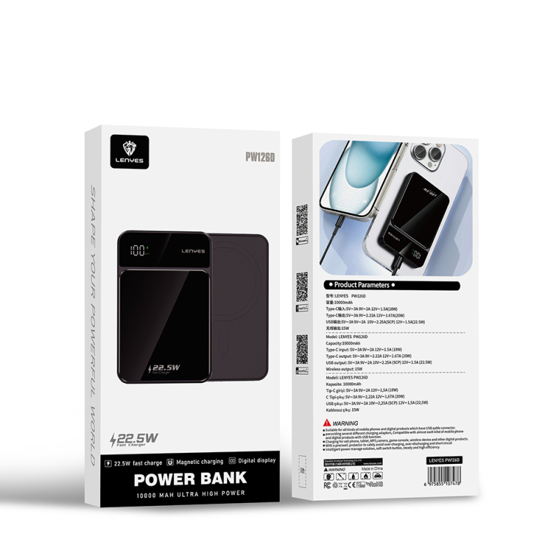 Lenyes PW126D Dijital LED Ekranlı Kablosuz Şarj Özellikli Powerbank 22.5W 10.000mAh - 10