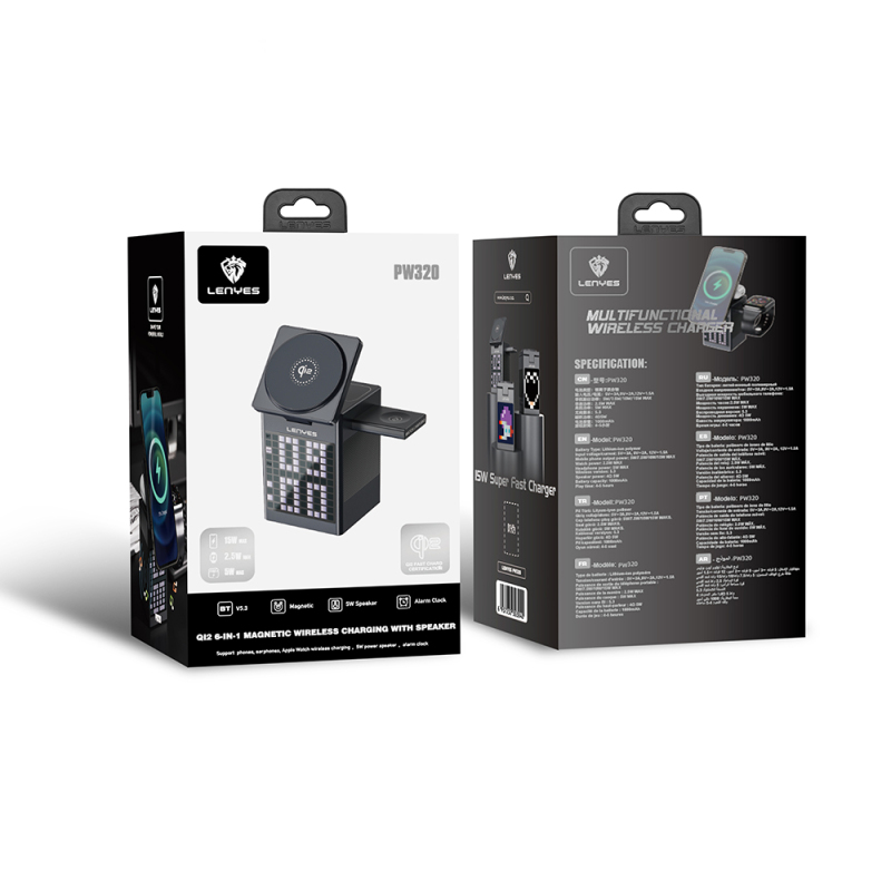 Lenyes PW320 Qi2 Charging Technology Alarm Bluetooth Speaker Feature Phone & Smart Watch & Headphone 15W 6in1 Wireless Charging Stand - 8