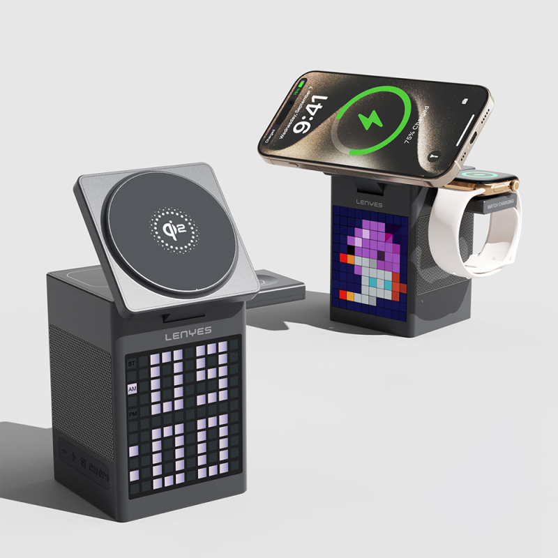 Lenyes PW320 Qi2 Şarj Teknolojili Alarmlı Bluetooth Speaker Özellikli Telefon&Akıllı Saat&Kulaklık 15W 6in1 Kablosuz Şarj Standı - 5