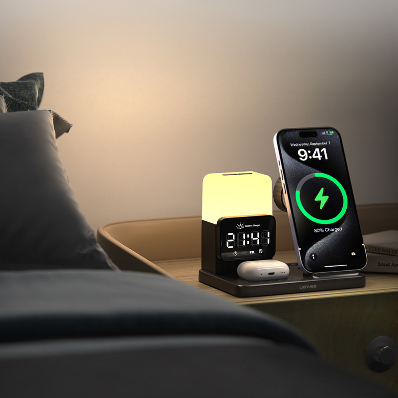 Lenyes PW327 Ambient Light Alarm 5-in-1 Wireless Charging Stand for Phone, Smartwatch & Headphones 15W - 7