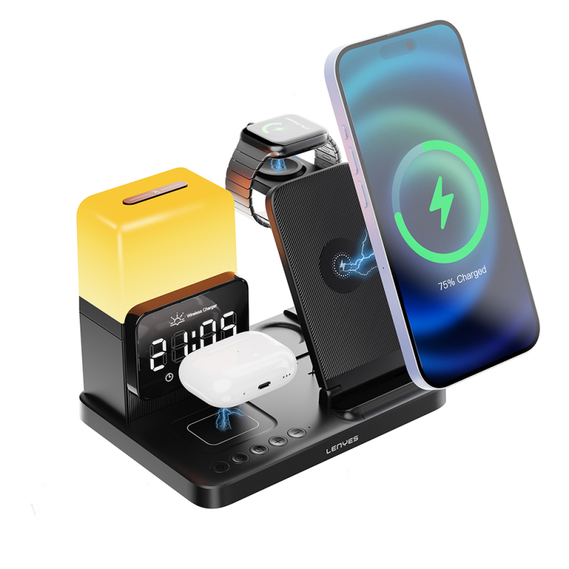 Lenyes PW327 Ambiyans Işıklı Alarm Özellikli Telefon&Akıllı Saat&Kulaklık 5in1 Kablosuz Şarj Standı 15W - 4