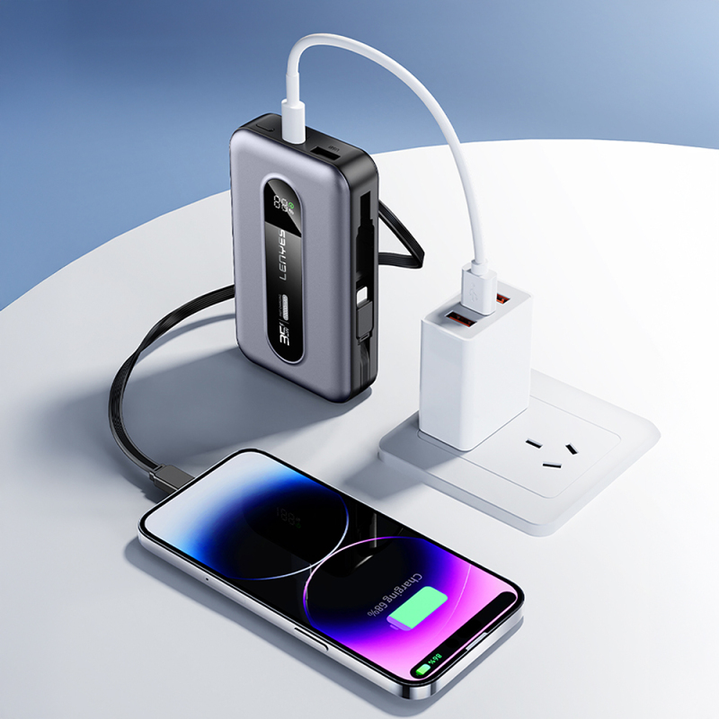 Lenyes PX1002D Dijital LED Göstergeli Teleskopik Type-C ve Lightning Kablolu Powerbank 35W 10.000mAh - 12
