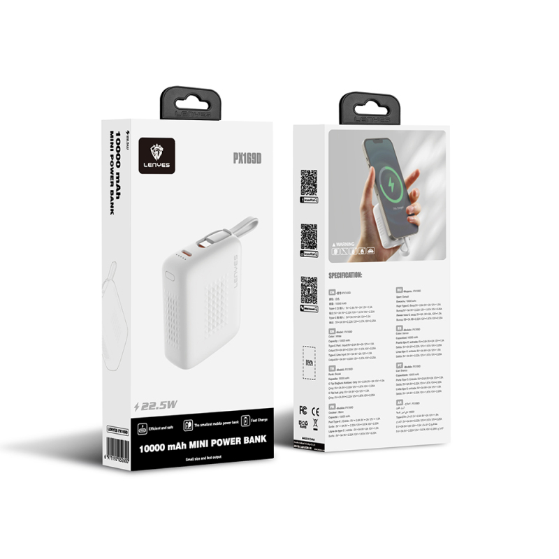 Lenyes PX169D PD 22.5W Hızlı Şarj Özellikli LED Göstergeli Type-C Kablolu Mini Taşınabilir Powerbank 10000mAh - 6