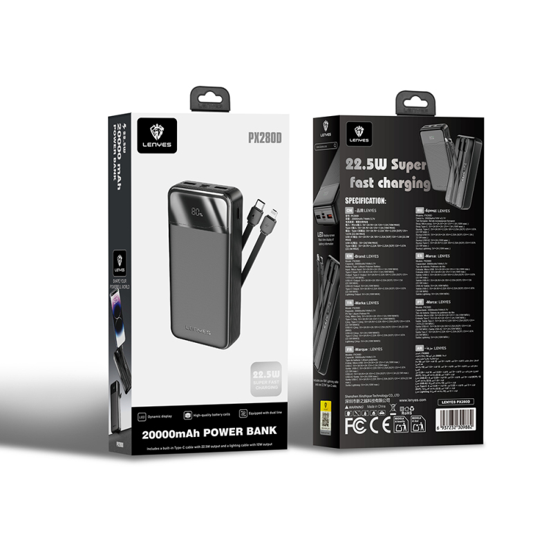 Lenyes PX280D Dijital LED Ekranlı Type-C ve Lightning Kablolu Powerbank 22.5W 20.000mAh - 4