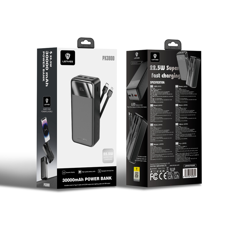 Lenyes PX380D Dijital LED Ekranlı Type-C ve Lightning Kablolu Powerbank 22.5W 30.000mAh - 5