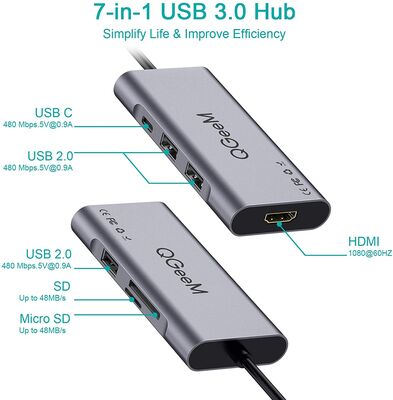 Qgeem QG-UH07-A Type-C Çoğaltıcı ve Dönüştürücü Hub Usb 3.0 HDMI 4K SD Kart 85W 5120Mbps - 3