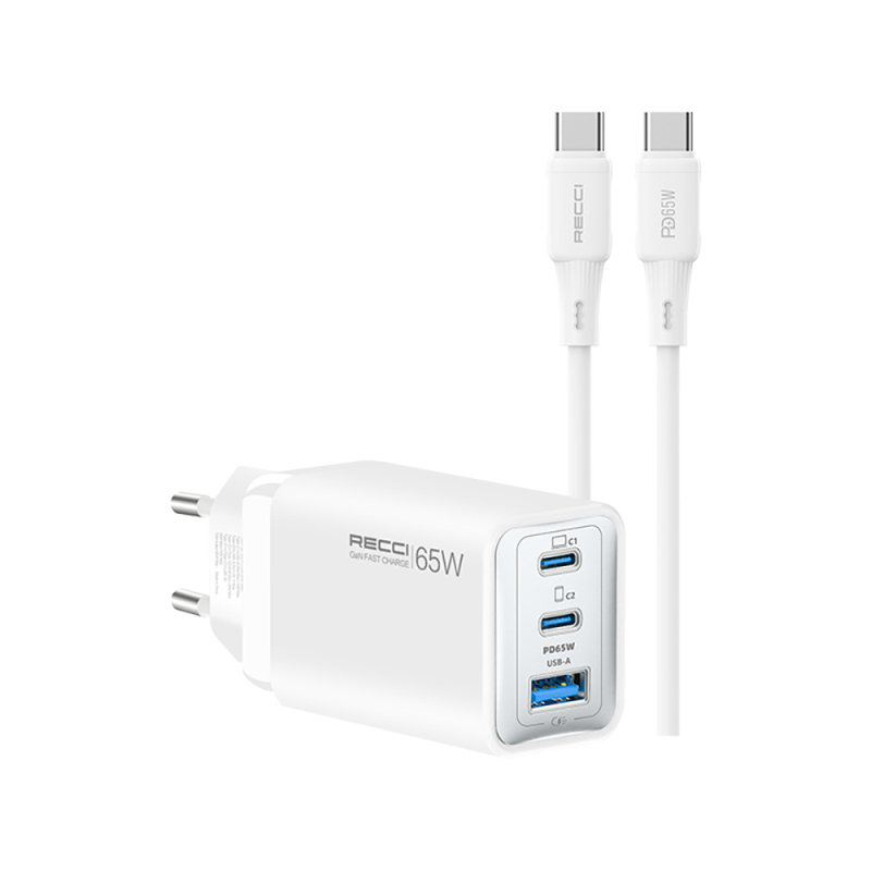 Recci RC123E Type-C PD GaN Technology Mini Fast Charger Set 65W 1M - 2