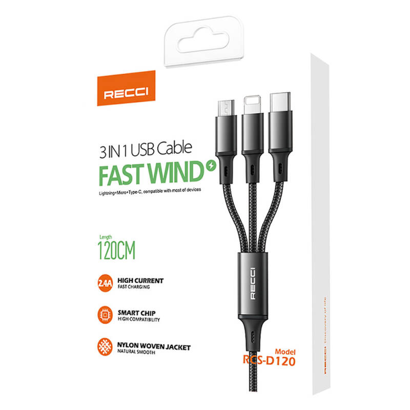 Recci RCS-D120 Fast Wind Series 3in1 USB-A to Lightning – Type-C – Micro Charging and Data Cable 1.2M - 10