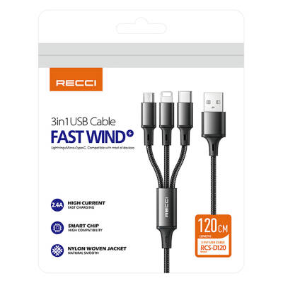 Recci RCS-D120 Fast Wind Series 3in1 USB-A to Lightning – Type-C – Micro Charging and Data Cable 1.2M - 11