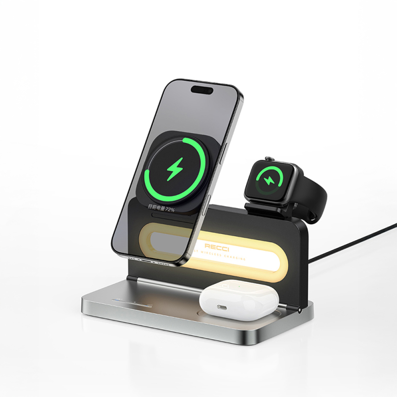Recci RCW-49 Ambient Light Phone & Smart Watch & Headphone 15W 4in1 Wireless Charging Stand - 6