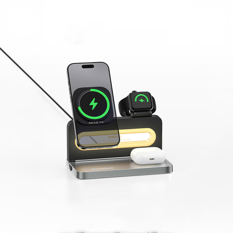 Recci RCW-49 Ambient Light Phone & Smart Watch & Headphone 15W 4in1 Wireless Charging Stand - 8