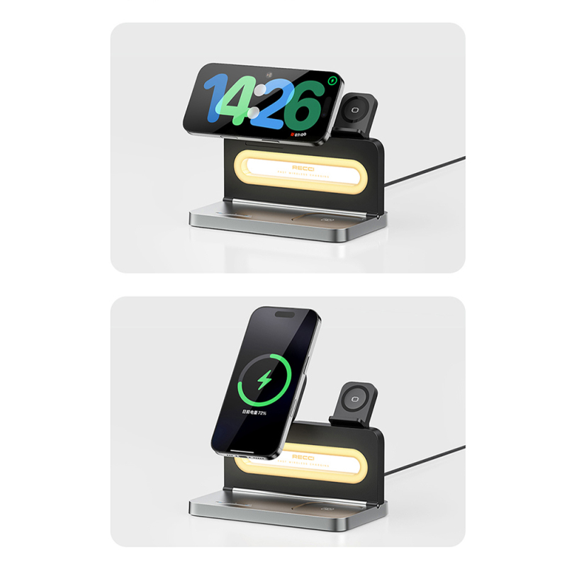Recci RCW-49 Ambient Light Phone & Smart Watch & Headphone 15W 4in1 Wireless Charging Stand - 9