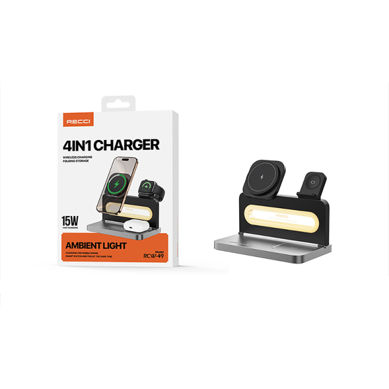 Recci RCW-49 Ambiyans Işıklı Telefon&Akıllı Saat&Kulaklık 15W 4in1 Kablosuz Şarj Standı - 12