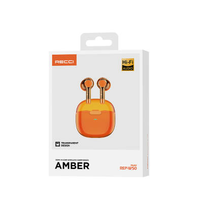 Recci REP-W50 Şeffaf Tasarım Hi-Fi Ses Kaliteli Bluetooth v.5.3 Amber Serisi Kulak İçi Kulaklık - 10