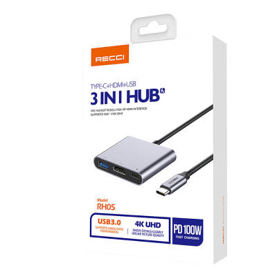 Recci RH05 Type-C to Type-C PD100W + HDMI 4K@30Hz + 3in1 Hub with USB3.0 Connectivity - 5
