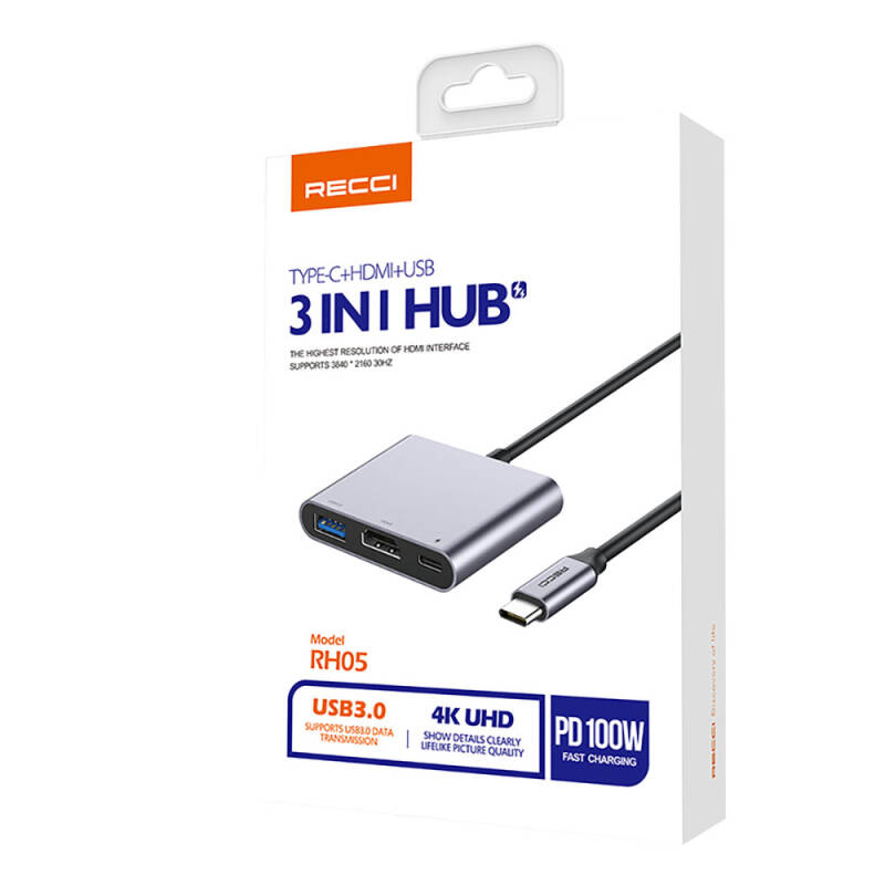 Recci RH05 Type-C to Type-C PD100W + HDMI 4K@30Hz + 3in1 Hub with USB3.0 Connectivity - 5