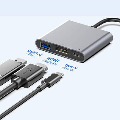 Recci RH05 Type-C to Type-C PD100W + HDMI 4K@30Hz + USB3.0 Bağlantı Özellikli 3in1 Hub - 6