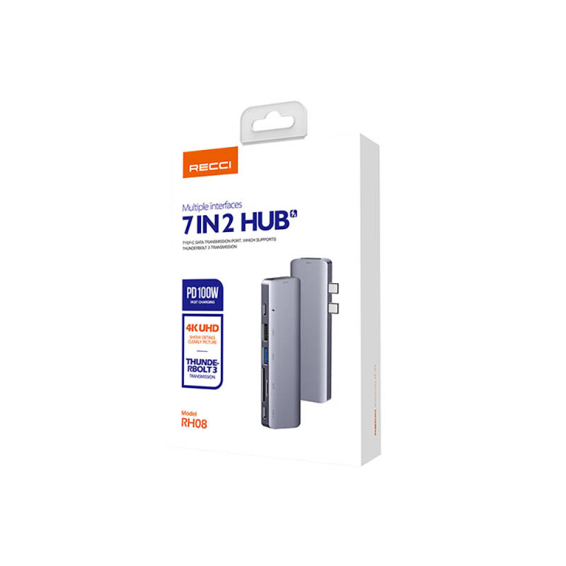 Recci RH08 7in2 Hub with Type-C to Type-C + SD/TF + USB3.0 + USB2.0 + HDMI + Thunderbolt 3 Port - 4