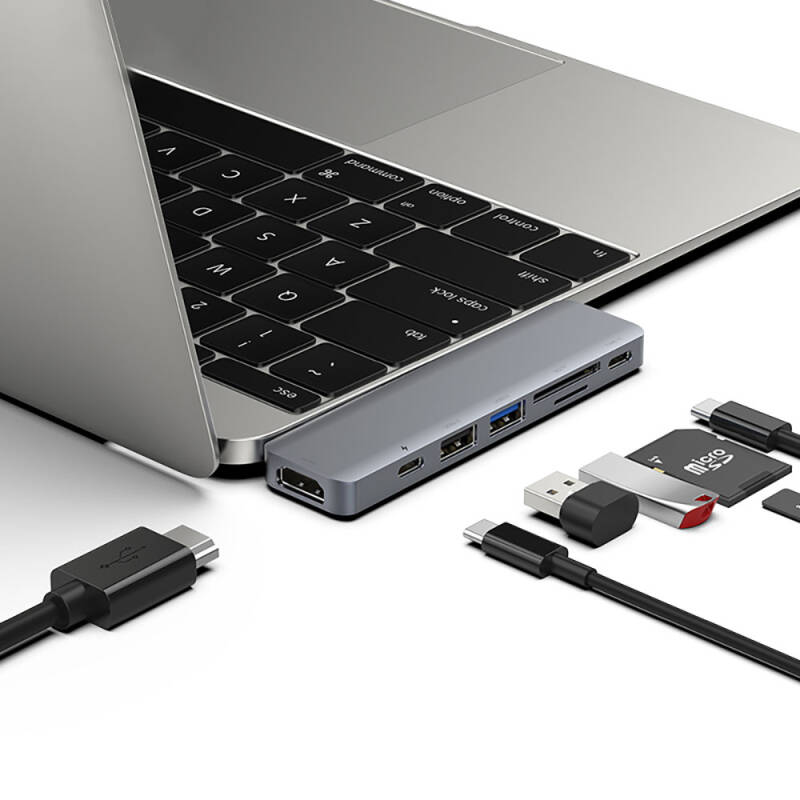 Recci RH08 Type-C to Type-C + SD/TF + USB3.0 + USB2.0 + HDMI + Thunderbolt 3 Bağlantılı 7in2 Hub - 3