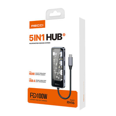 Recci RH16 Type-C to Type-C PD100W + USB3.0 + HDMI + 5in1 Hub with Type-C Connection - 7