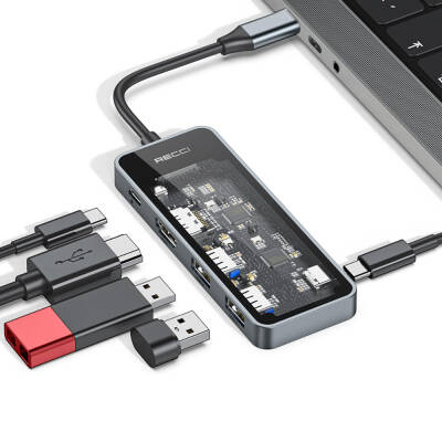 Recci RH16 Type-C to Type-C PD100W + USB3.0 + HDMI + Type-C Bağlantılı 5in1 Hub - 8