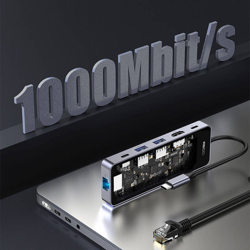 Recci RH17 Type-C to Type-C PD100W + USB3.0 + HDMI + Type-C + RJ45 Bağlantılı 6in1 Hub - 5