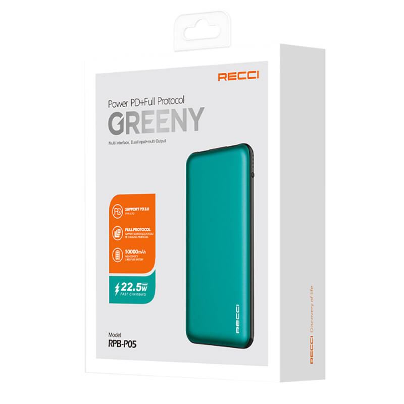 Recci RPB-P05 Greeny Serisi LED Işık Göstergeli Hızlı Şarj Özellikli Taşınabilir Powerbank 22.5W 10000mAh - 13