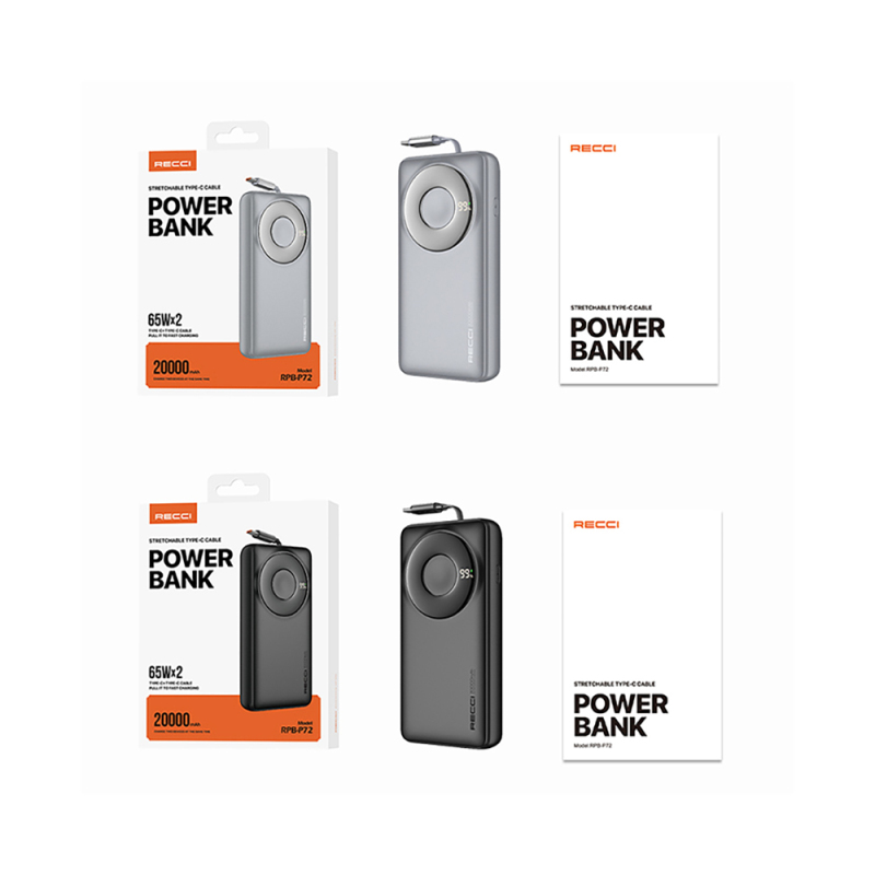 Recci RPB-P72 Hızlı Şarj Özellikli Type-C Kablolu Powerbank 65W 20.000mAh - 18