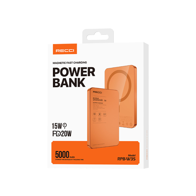 Recci RPB-W35 Ultra İnce PD 20W Hızlı Şarj Özellikli Wireless Powerbank 15W 5000mAh - 7