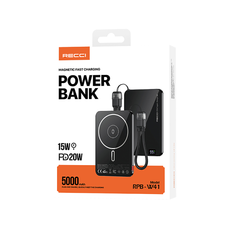 Recci RPB-W41 PD 20W Ultra İnce Hızlı Şarj Özellikli Type-C Kablolu Powerbank 15W 5000mAh - 12