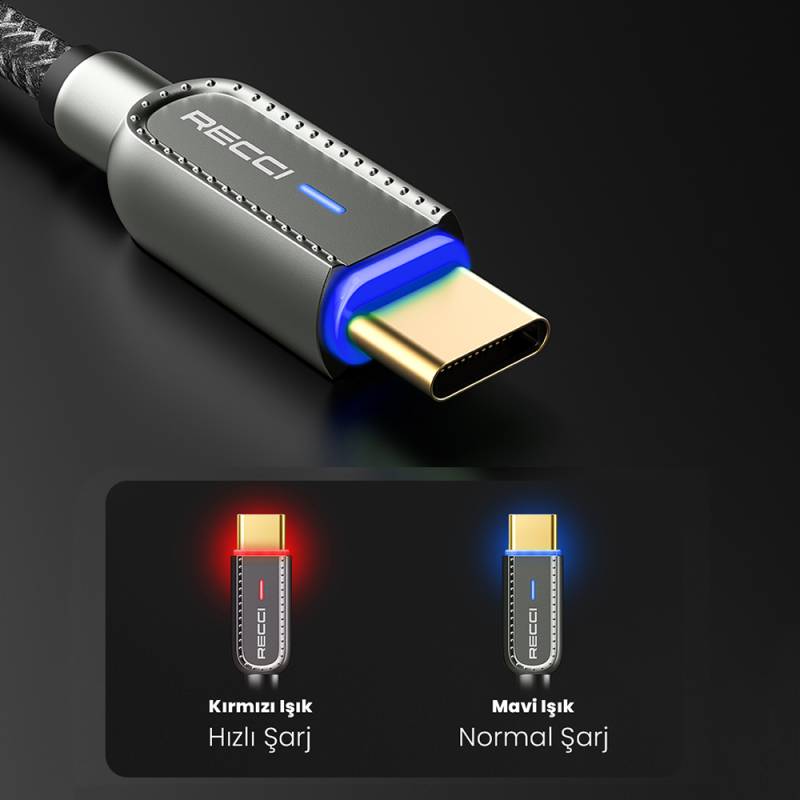 Recci RS02C Smart Power-Off Serisi Hızlı Şarj Özellikli USB-A To Type-C Kablo 1M - 4