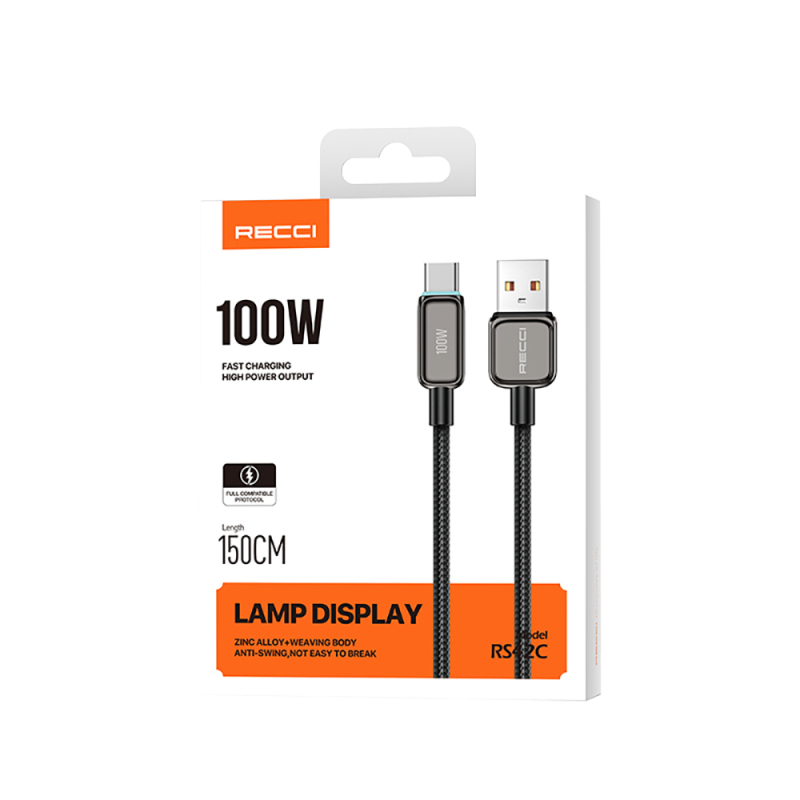 Recci RS42C Lamp Display Serisi USB-A to Type-C 100W Hızlı Şarj Özellikli Data ve Şarj Kablosu 1.5M - 8