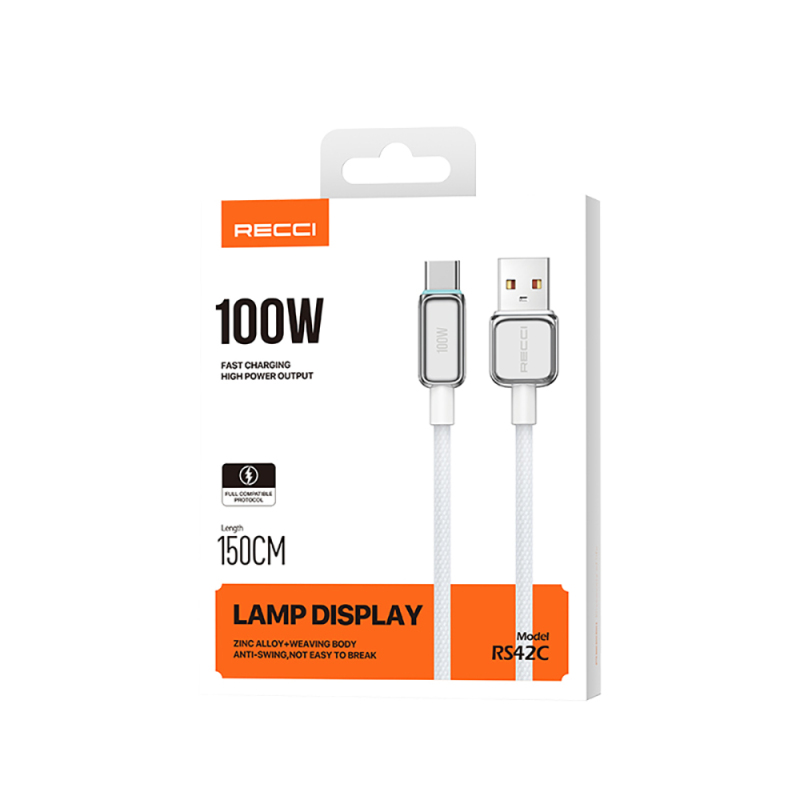 Recci RS42C Lamp Display Serisi USB-A to Type-C 100W Hızlı Şarj Özellikli Data ve Şarj Kablosu 1.5M - 9