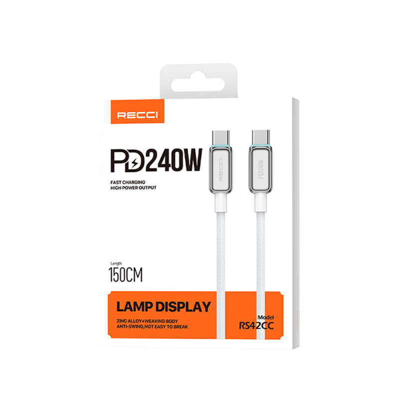 Recci RS42CC Lamp Display Serisi Type-C to Type-C PD 240W Hızlı Şarj Özellikli Data ve Şarj Kablosu 1.5M - 8