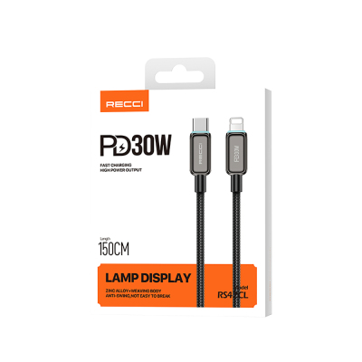 Recci RS42CL Lamp Display Serisi Type-C to Lightning PD 30W Hızlı Şarj Özellikli Data ve Şarj Kablosu 1.5M - 10