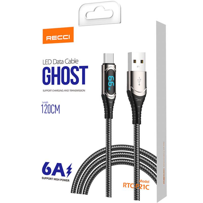 Recci RTC-P21C Ghost Serisi 66W 6A Hızlı Şarj Özellikli USB-A To Type-C Kablo 1.2M - 5