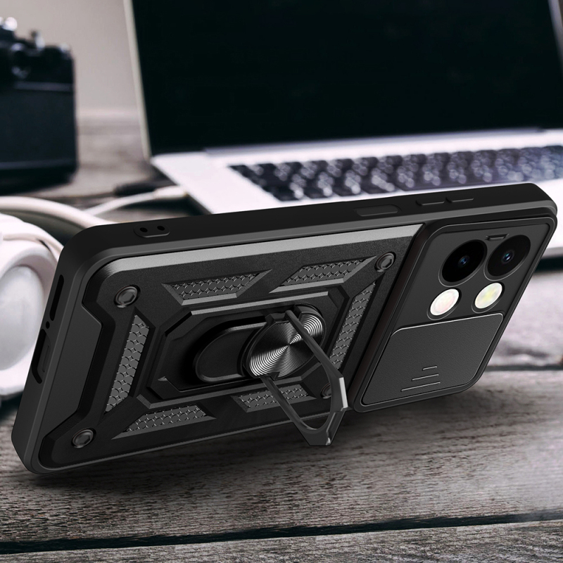 Vivo Y28 Kılıf Magnetik Standlı Kamera Korumalı Zore Sürgülü Vega Kapak - 6