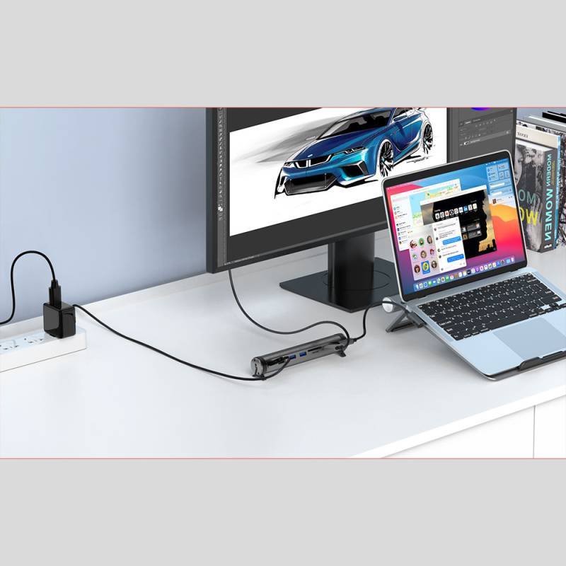 Wiwu A821CH 8in1 Hub Bağlantı İstasyonlu Notebook Laptop Standı PD3.0/USB3.0/RJ45 (1000Mbps)/SD/TF/HDMI @4K30Hz